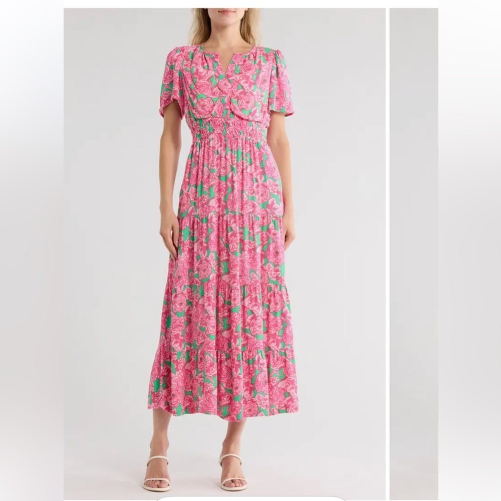 Love By Design Pink and Green Floral Midi / Maxi Dress Size Large